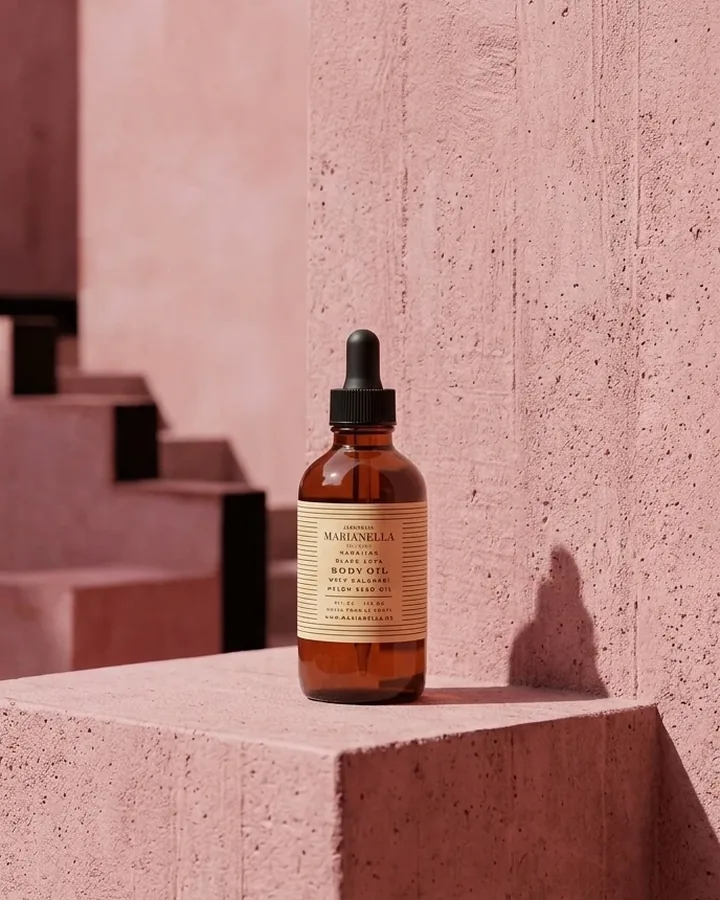 A bottle of body oil on a sunlit pink concrete step